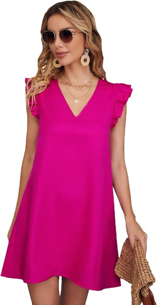 Floerns Women's Solid V Neck Ruffle Trim Cap Sleeve Summer Tunic Dress | Amazon (US)