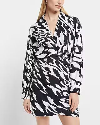 Printed V-Neck Collared Wrap Front Mini Portofino Shirt Dress | Express