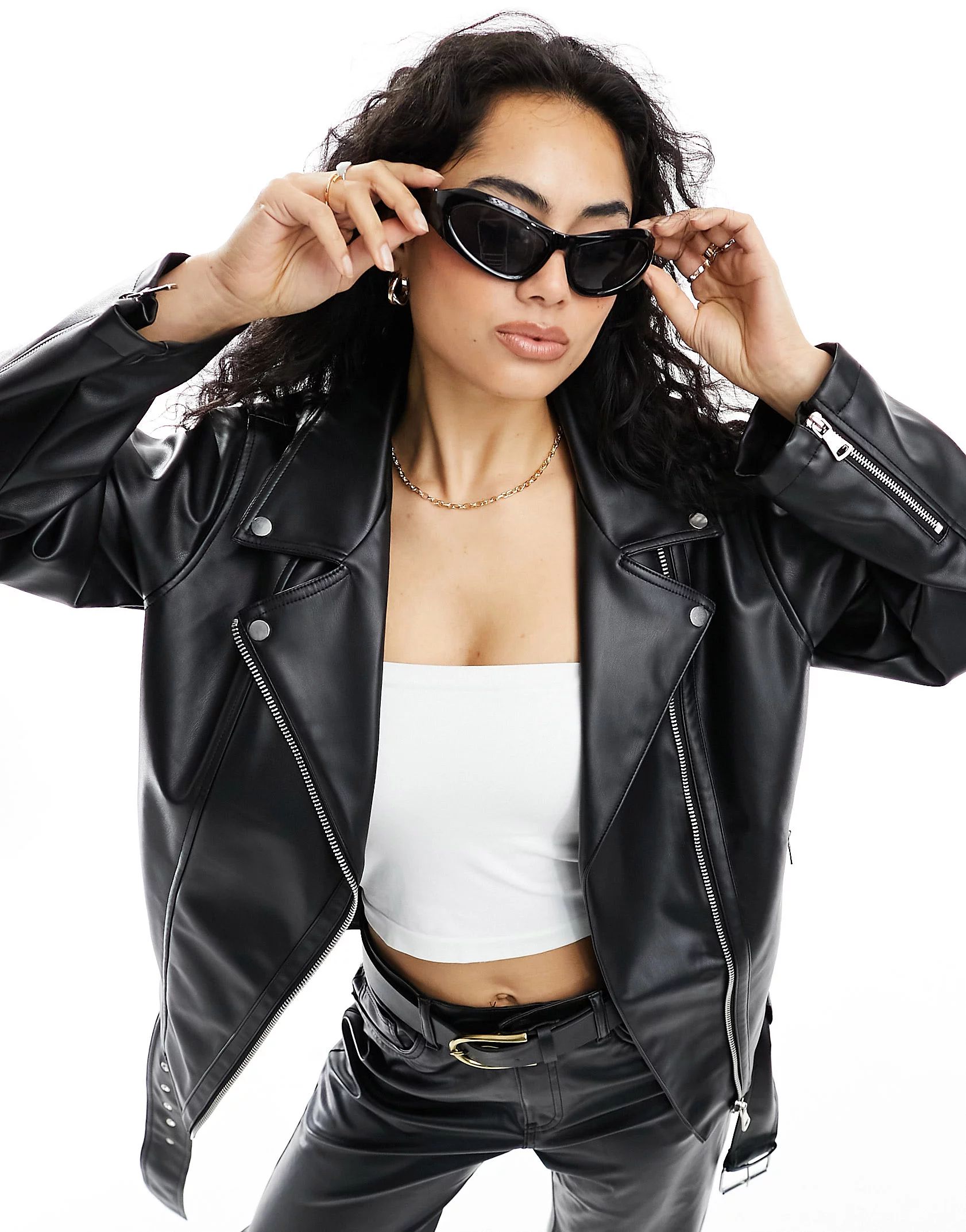 ASOS DESIGN longline oversized faux leather biker jacket in black | ASOS (Global)