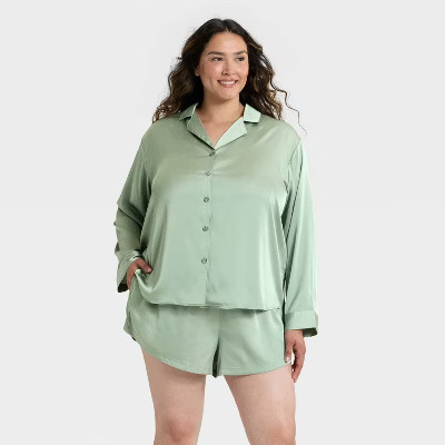Women's Satin Notch Collar Long Sleeve Shirt and Shorts Pajama Set - Auden™ Green 4X | Target