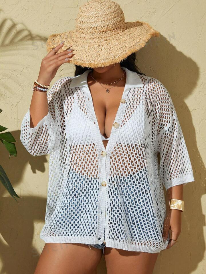 SHEIN Swim Vcay Plus Size Summer Beach Solid Single Breasted Vacation Style Kimono | SHEIN