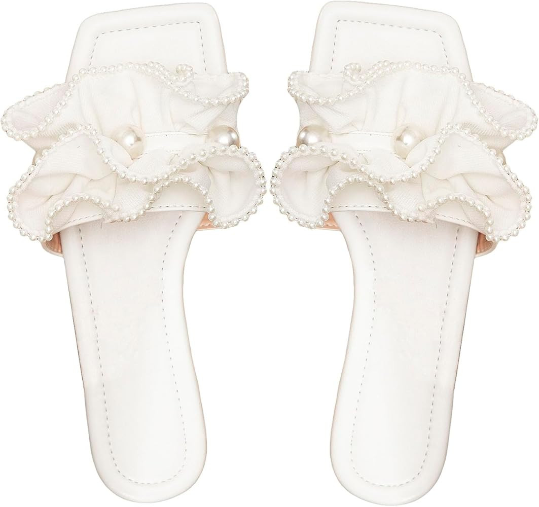 GORGLITTER Women's Pearls Beaded Ruffle Band Flat Sandals Square Open Toe Pu Leather Slide Shoes | Amazon (US)