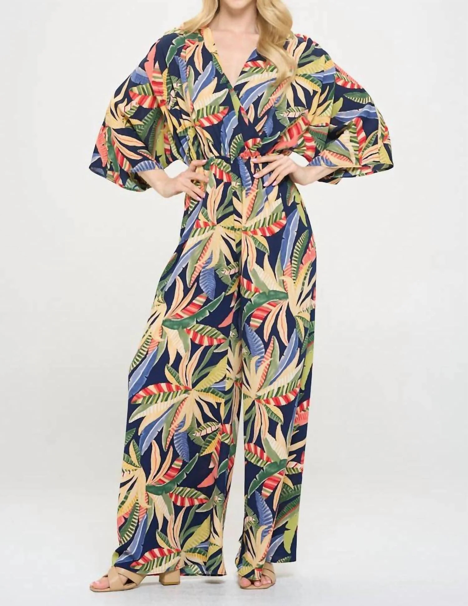 Tropical Print V Neck Wide Leg Jumpsuit In Navy | Shop Simon