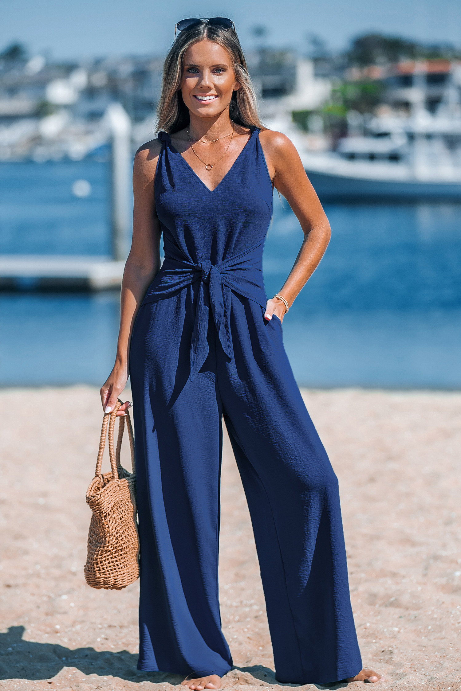 Navy Sleeveless Straight Leg Jumpsuit | Cupshe US