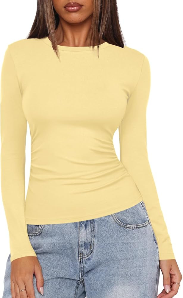 Darong Women's Long Sleeve Crew Neck Shirts Fall Basic Casual Ruched Side Slim Fit T Shirts Tee T... | Amazon (US)