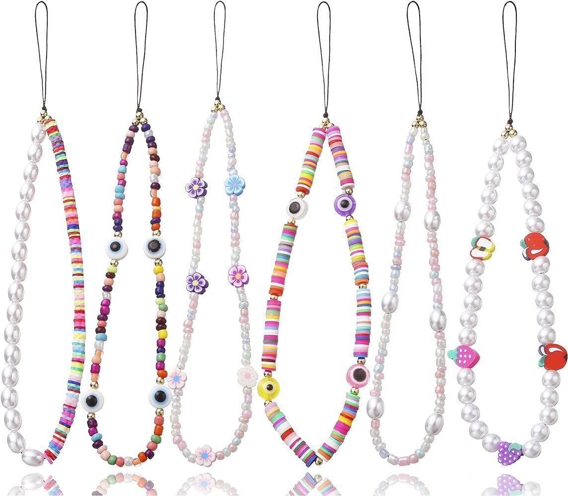 6PCS Beaded Phone Lanyard Wrist Strap Face Beaded Phone Charm Fruit Star Pearl Rainbow Color Beaded  | Amazon (US)