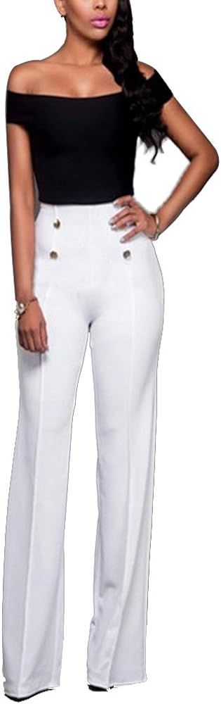 Women's Stretchy High Waisted Wide Leg Button-Down Pants Sailor Bell Flare Pants | Amazon (US)