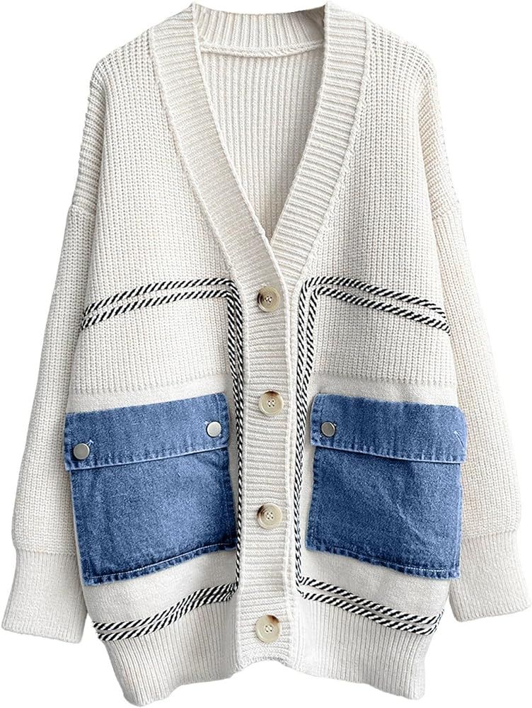 ebossy Women's Spliced Denim Pockets Knit Cardigan Button Down Slouchy Stripe Sweater Outwear | Amazon (US)