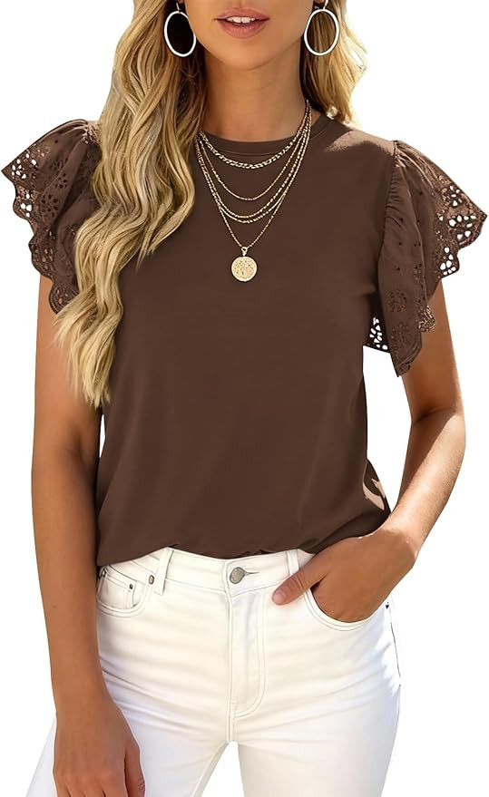 PRETTYGARDEN Womens Tops Dressy Casual Hollow Out Short Sleeve Summer Basic Tees 2026 Crewneck T ... | Amazon (US)