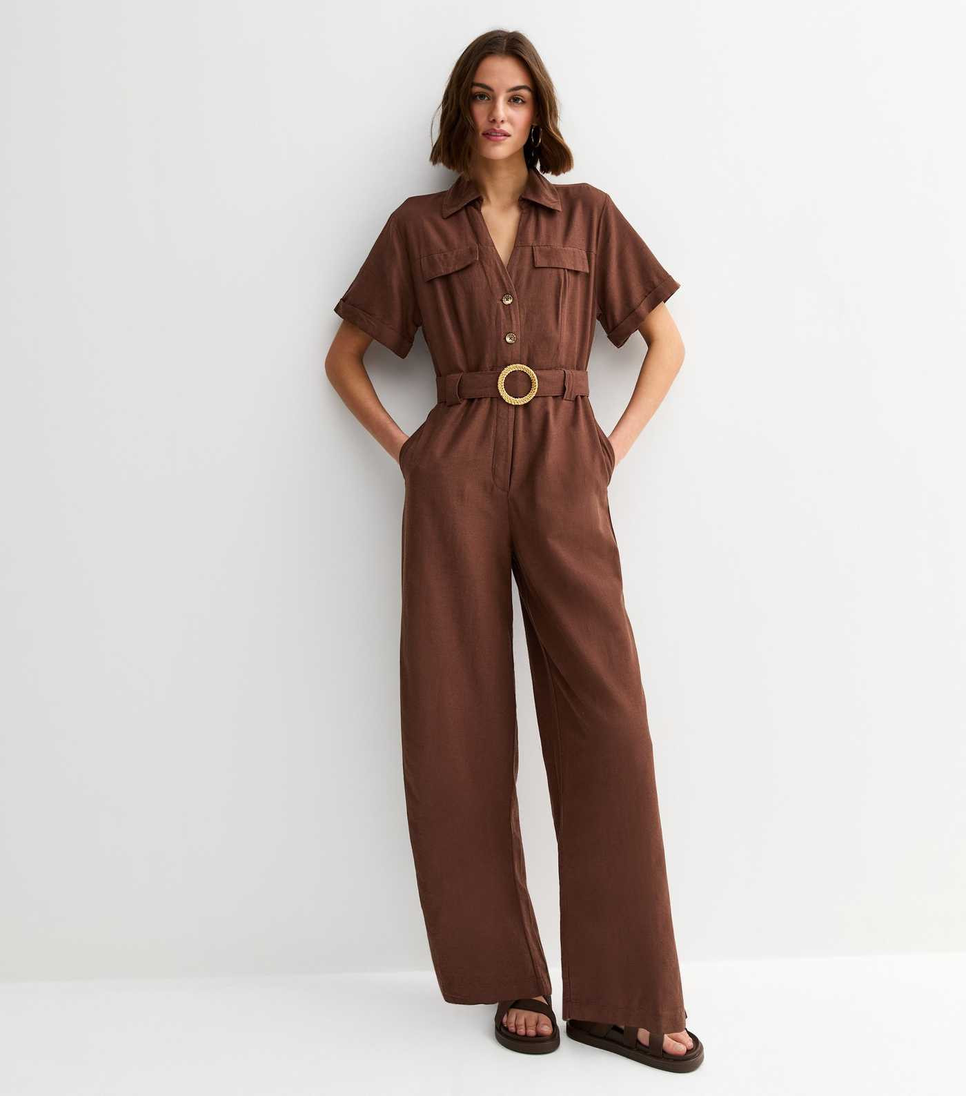 Dark Brown Short Sleeve Belted Jumpsuit | New Look | New Look (UK)