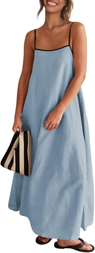 Senllen Women's Linen Dress Summer Loose Flowy Sundress Contrast Spaghetti Strap Sleeveless Backl... | Amazon (US)