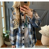New Plaid Shacket Button Front Shirt Jacket Blue Flannel Vintage 70S Inspired ~ Women's Size Small T | Etsy (US)