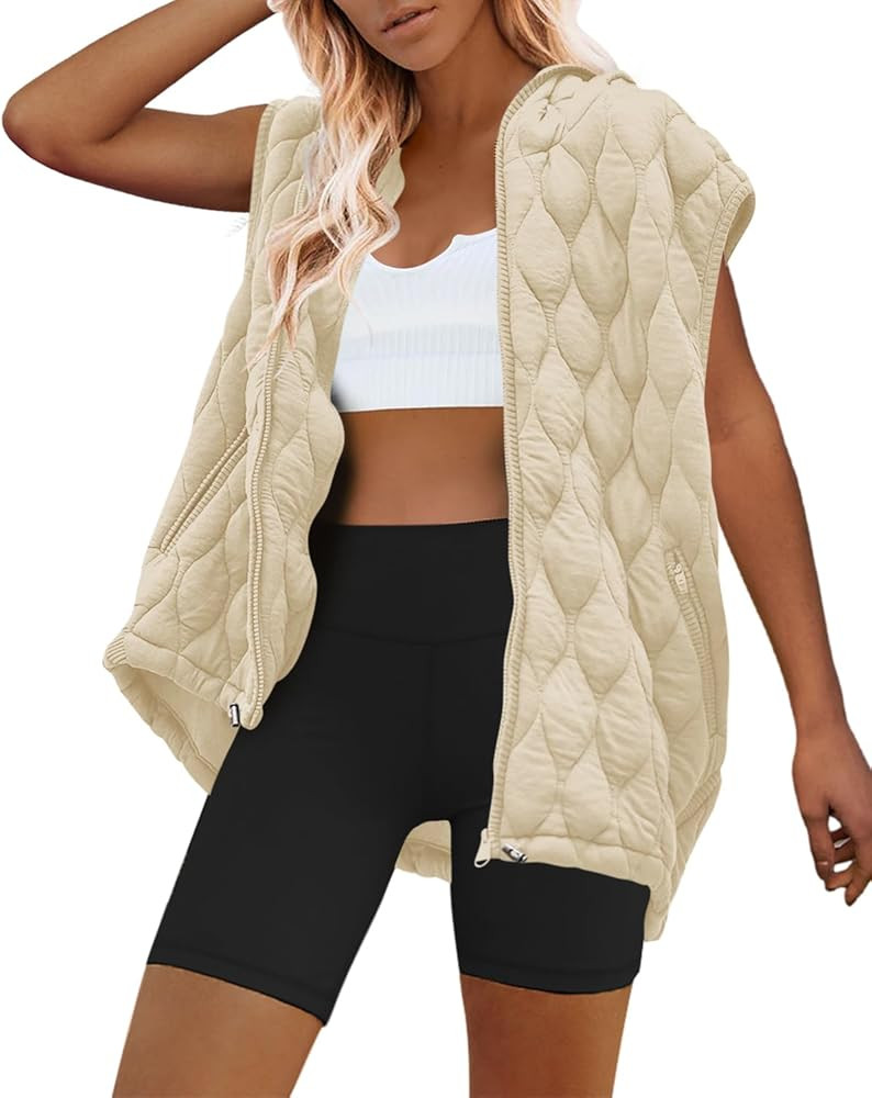 Womens Oversized Puffer Vest Sleeveless Quilted Jacket Zip Up Hooded Puffy Vest Winter Coats with... | Amazon (US)