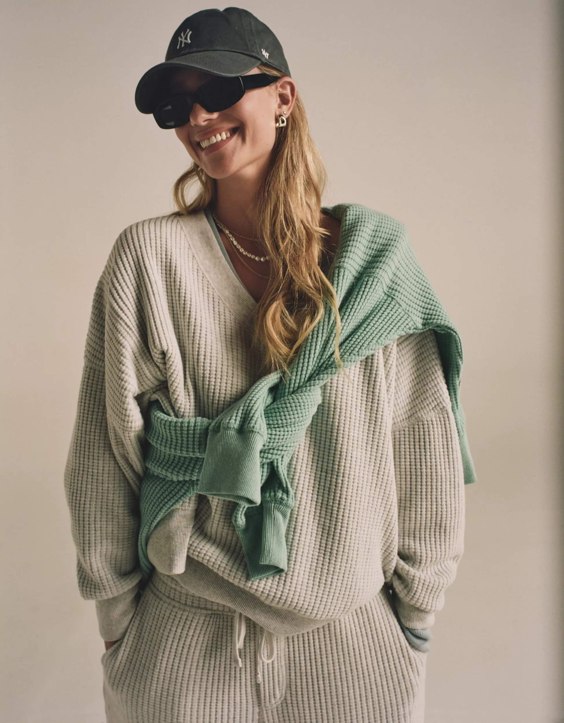 AE Big Hug V-Neck Waffle Sweatshirt | American Eagle Outfitters (US & CA)