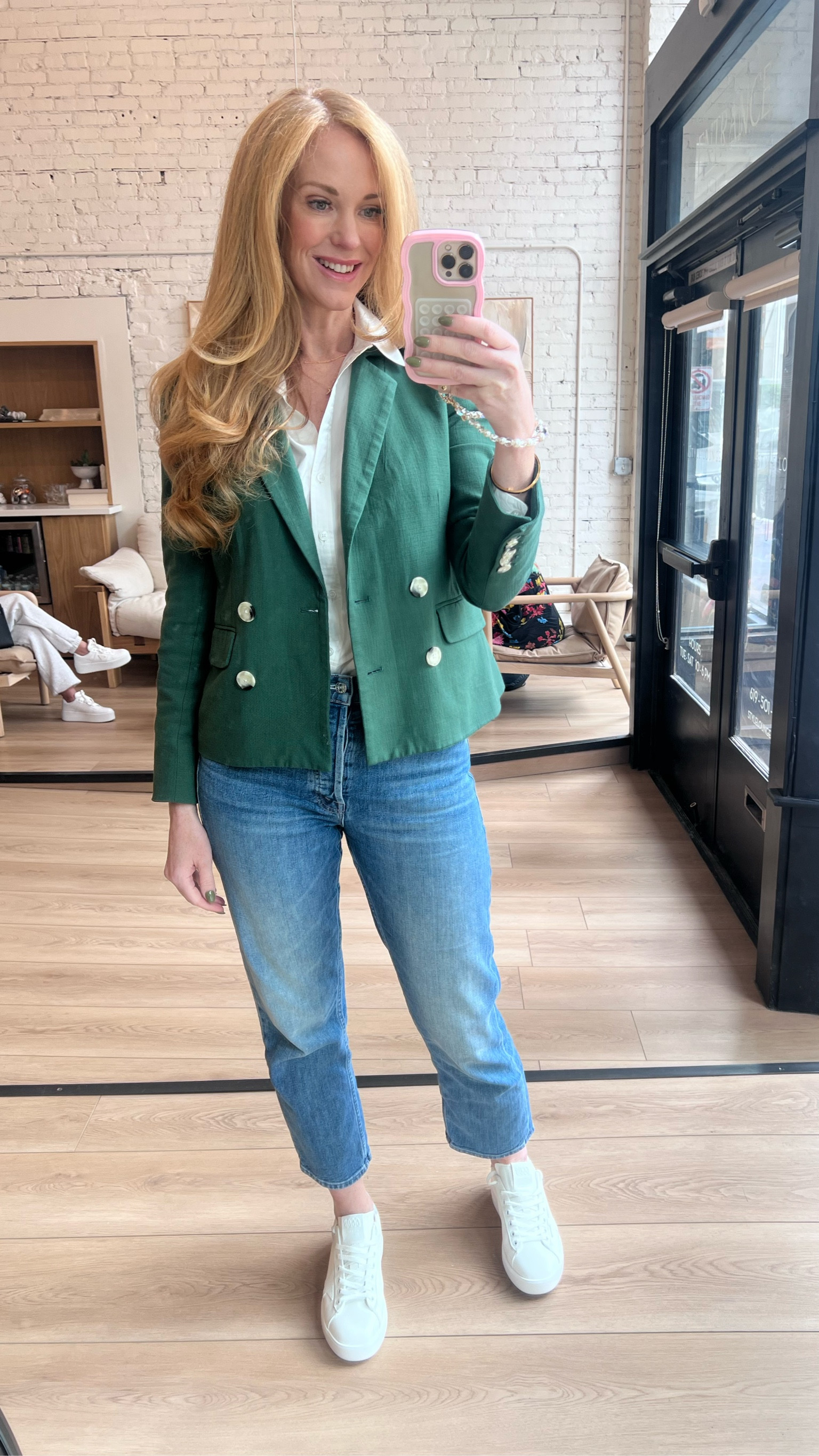 Corporate casual today! This green blazer is my new favorite work piece! And I love these Golden Goose Pure Stars are so pretty and white  

#LTKOver40 #LTKStyleTip #LTKWorkwear