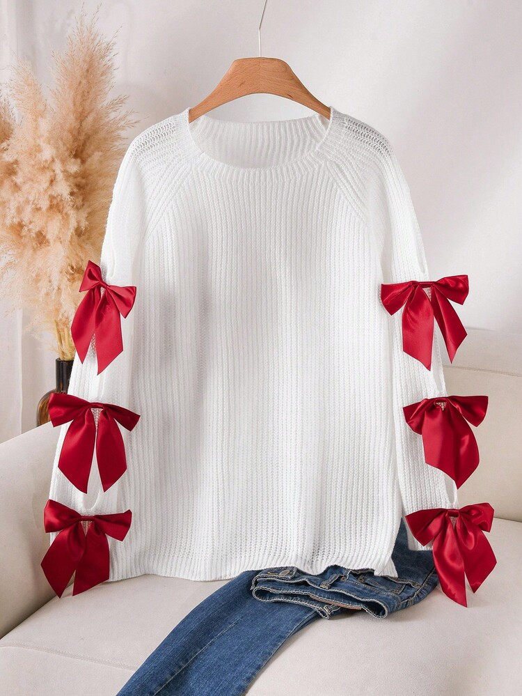 CosyJoli Plus Size Casual Colorblock Bow Decor Christmas Crew Neck Loose Knit Sweater/Winter | SHEIN