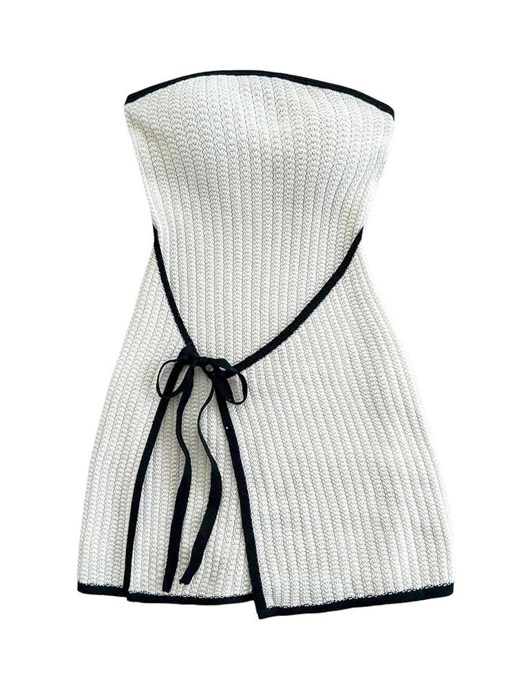 MakeMeChic Women's Knitted Strapless Dress Wrap Tie Front Sleeveless Bodycon Mini Tube Dresses | Amazon (US)