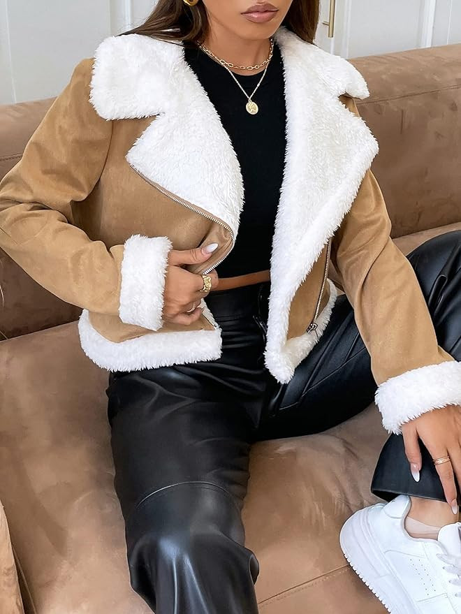 RAOGE Jackets for Women Jackets - Teddy Lined Open Front Suedette Moto Jacket (Color : Khaki, Siz... | Amazon (US)