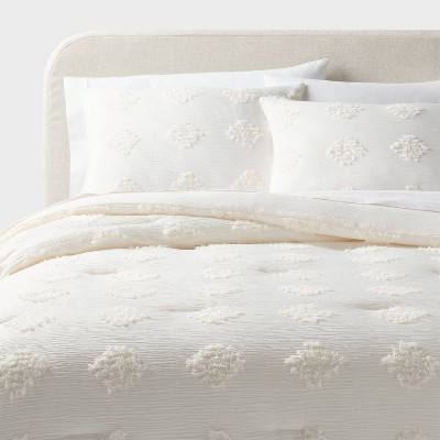 Full/Queen Tufted Diamond Crinkle Comforter and Sham Set Ivory - Threshold™: Recycled Polyester, Jacquard Weave, OEKO-TEX Certified | Target