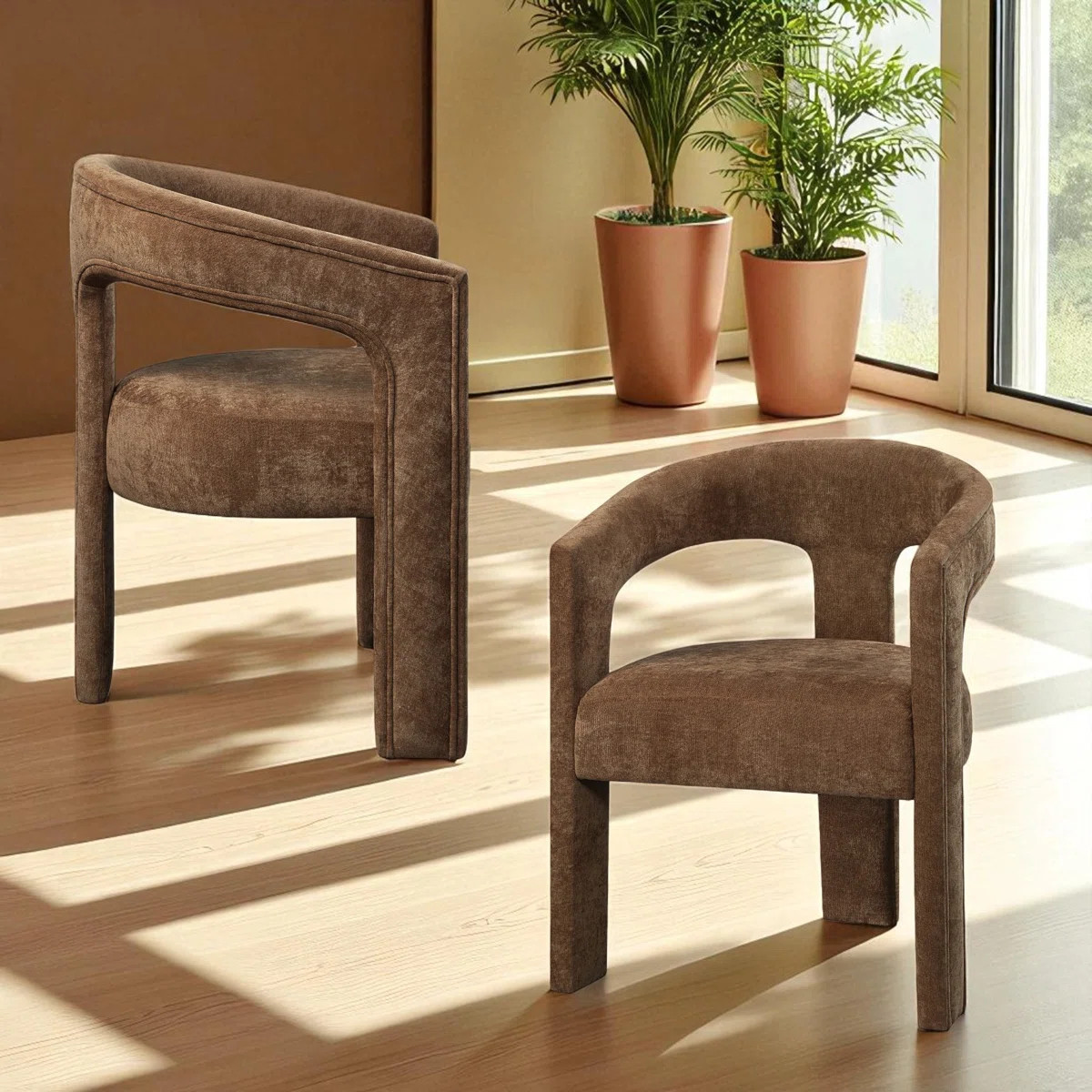 Leonardo Brown Linen Arm Chair, Curved Backrest, Fully Upholstered (Set of 2) | Wayfair North America