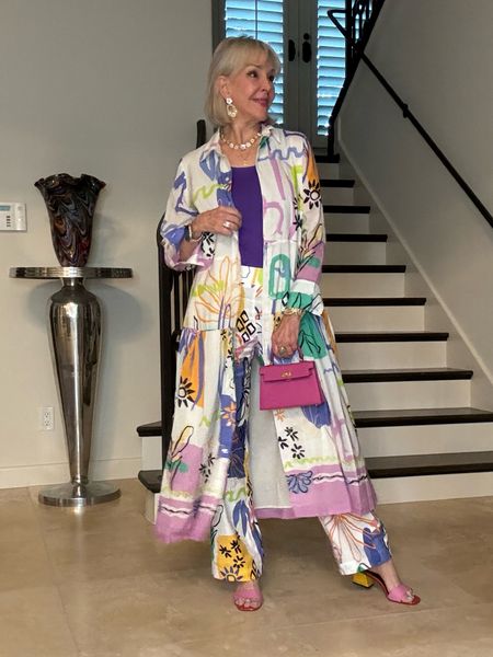 Now on sale. Silk blend mixer print shirt dress over linen blend pull on wide leg pants. Wear the dress with self tie belt or wear it loose. I love wear my shirt dresses as a duster. The micro fiber tank work great. Pick your color to pop. Kendra Scott jewelry was the perfect accessories. 

#LTKOver40 #LTKSaleAlert #LTKFindsUnder100