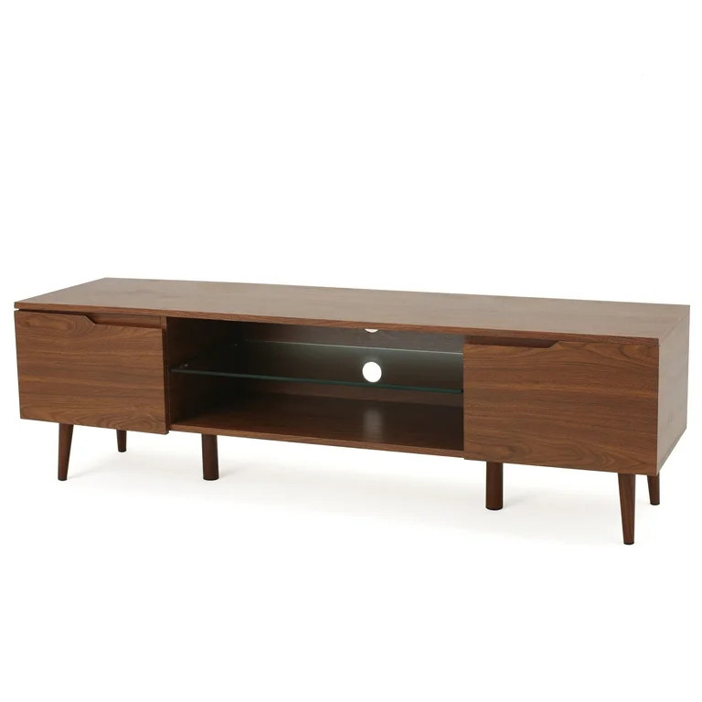Woven Paths Cresent Mid-Century Modern TV Stand with Glass Shelf, Walnut - Walmart.com | Walmart (US)