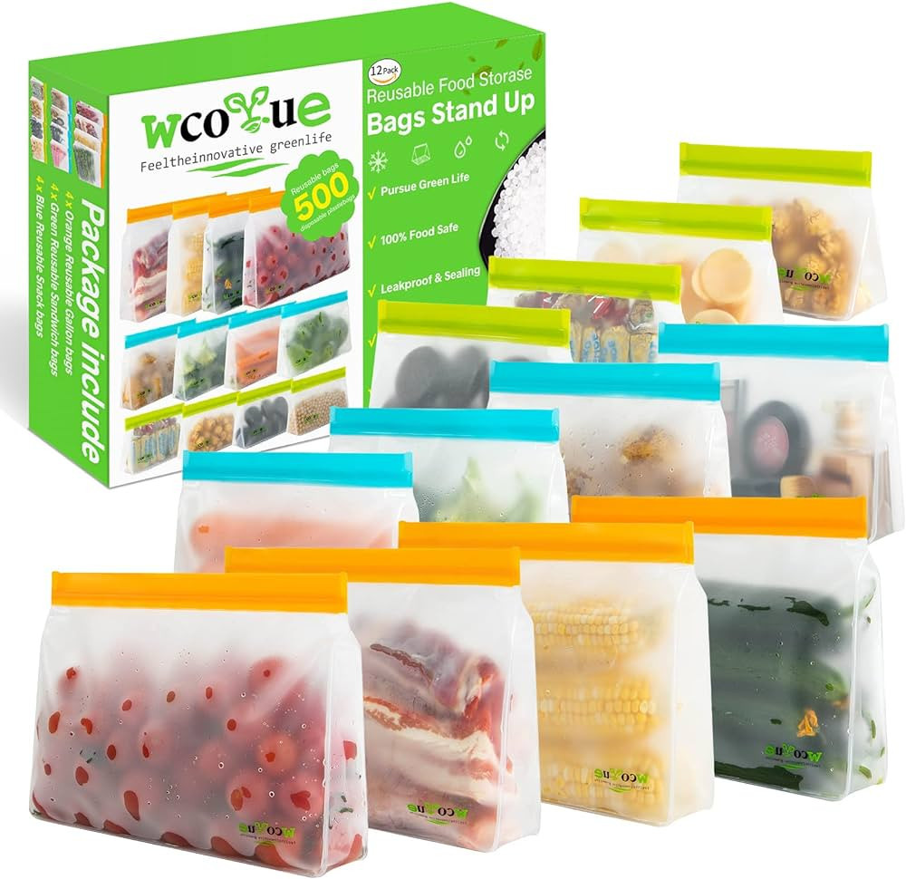 WCOLUE 12 Pcs Reusable Storage Bags, Food Freezer Bags Container, Stand Up Extra Thick Leakproof ... | Amazon (US)
