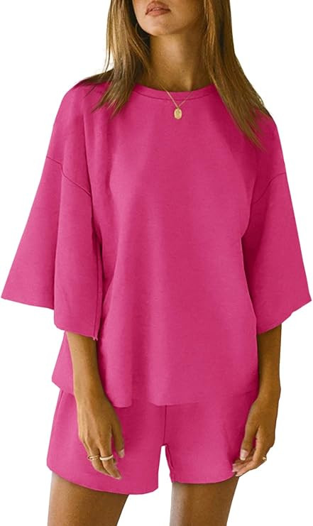 Amazon.com: Tankaneo Womens Pajama Sets 3/4 Sleeve Oversized Tops and Elastic Waist Shorts Lounge... | Amazon (US)