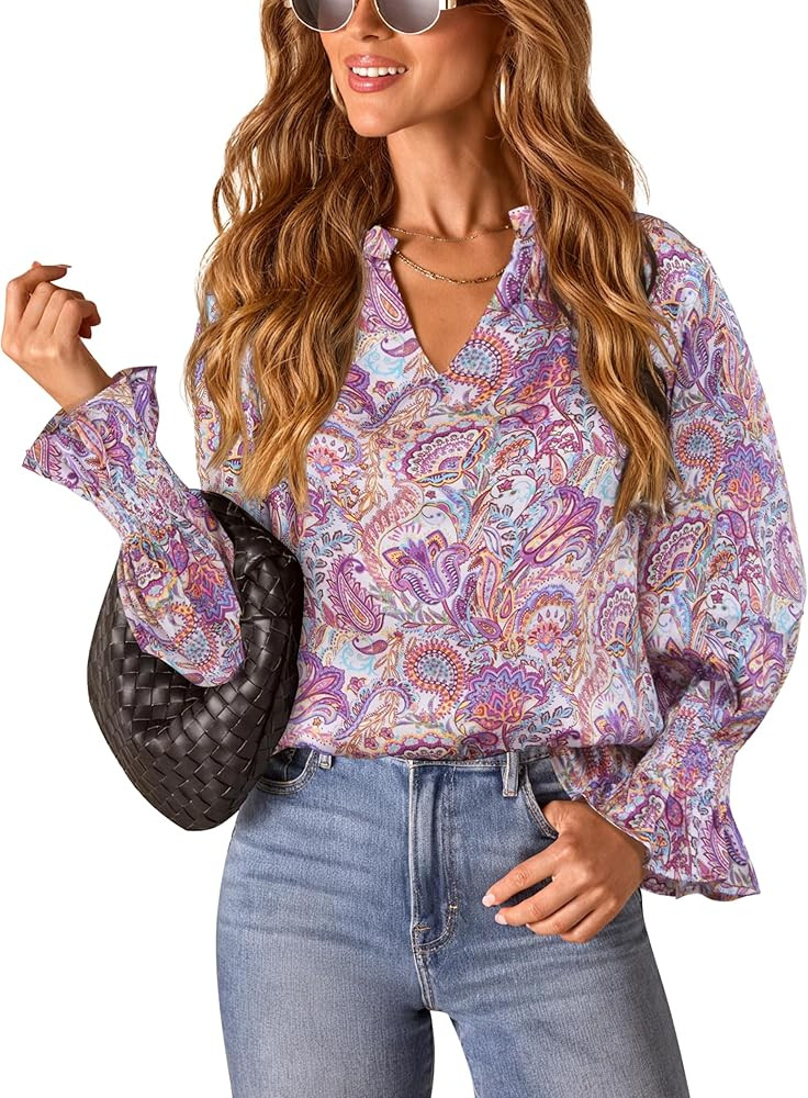 Ruisin Womens Boho Floral V-Neck Puff Sleeve Long Sleeve Blouse Casual Dressy Work Top | Amazon (US)