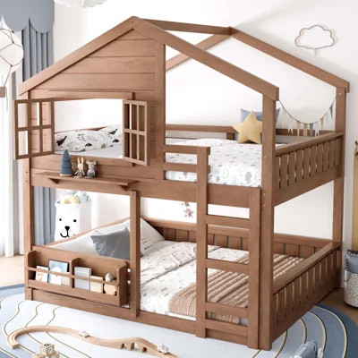 Twin Size Bunk Bed/Loft Bed With Bookshelf, House Design, High-Quality Safety Fencing,Natural | Wayfair North America