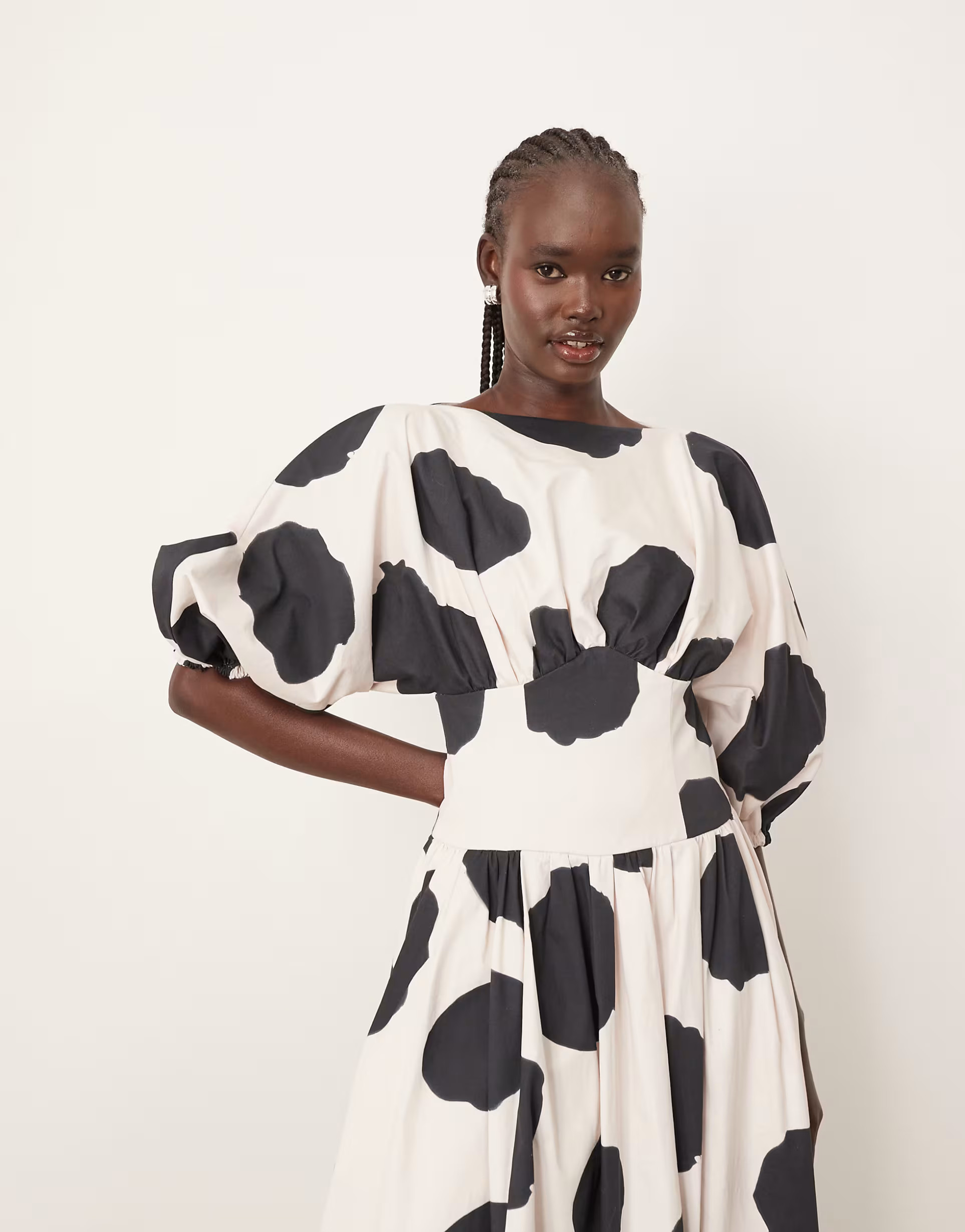 ARRANGE cotton cinched waist midi dress with balloon sleeve in bold spot | ASOS | ASOS (Global)