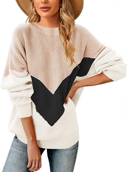 Saodimallsu Womens Oversized Batwing Sleeve Sweaters Chevron Color Block Slouchy Loose Knit Pullo... | Amazon (US)