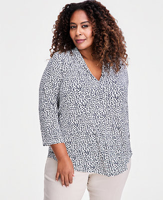 JM CollectionPlus Size Printed V-Neck 3/4-Sleeve Top | Macy's