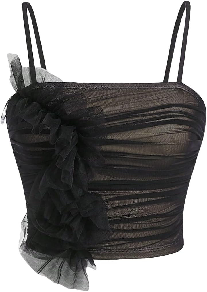 BEAUDRM Women's Solid Ruffle Mesh Spaghetti Strap Crop Cami Top Sleeveless Slim Fit Tank Top | Amazon (US)