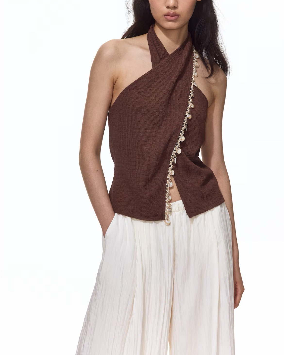 Seashell beaded trim brown halter top 

#LTKSeasonal