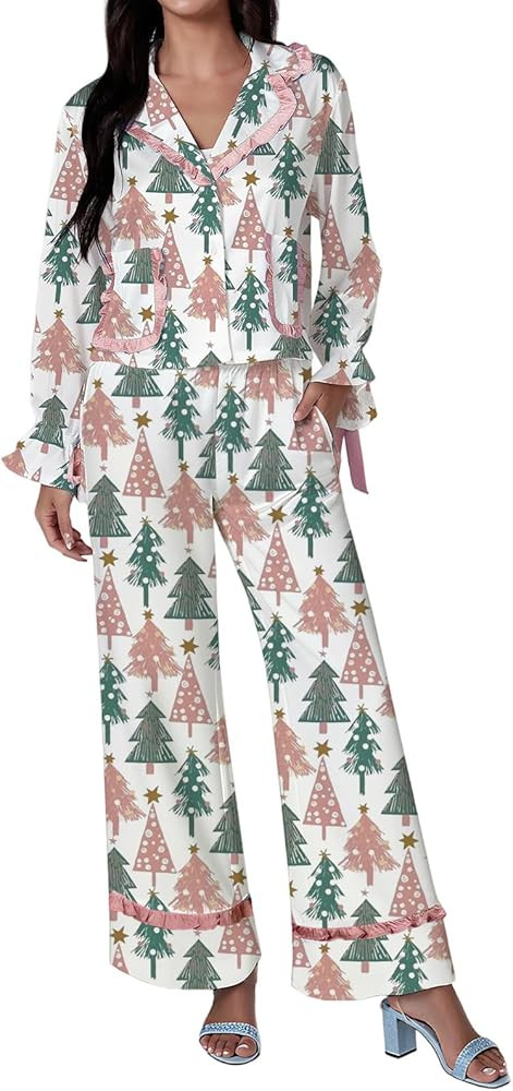 Seyurigaoka Cute Bow Christmas Pajama Sets for Women Nutcracker Santa Pj Set Silk Satin Long Slee... | Amazon (US)