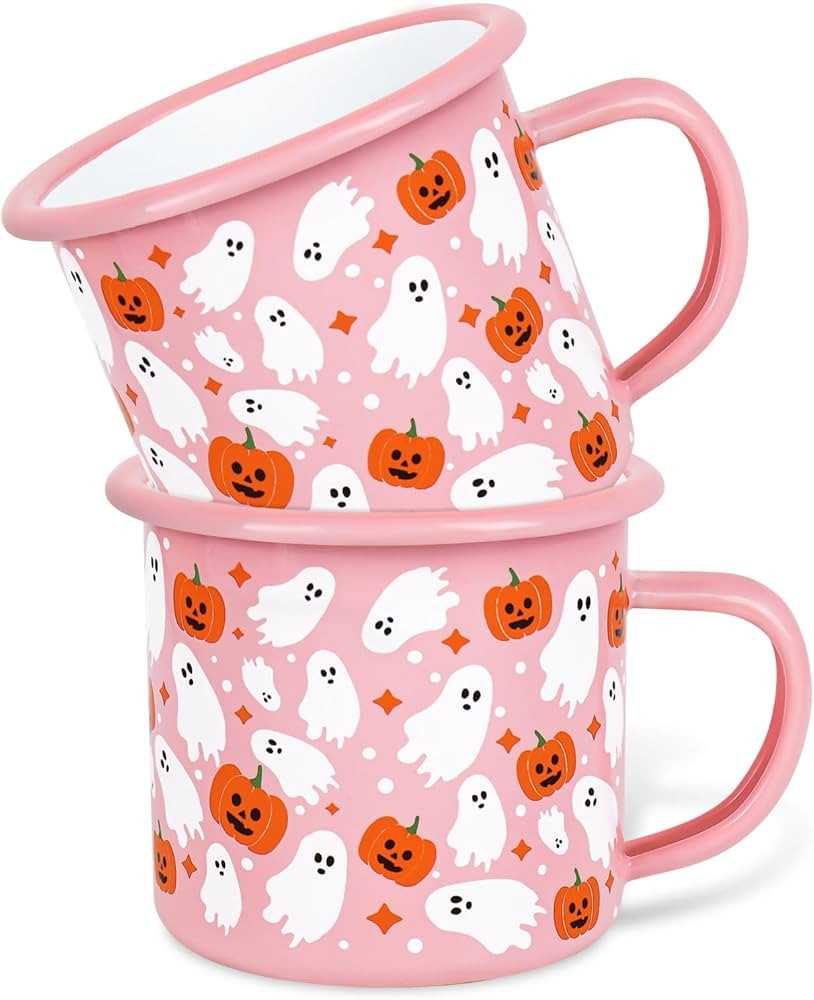 2 Pcs Halloween Coffee Mug Boo Ghost Pumpkin Enamel Cups with Handle Pink Drinking Mugs for Birth... | Amazon (US)