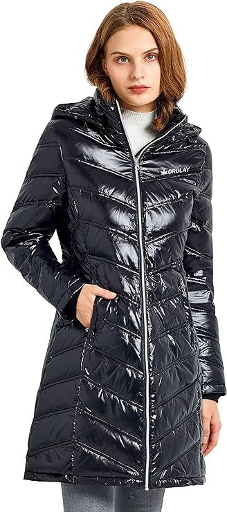 Amazon.com: Orolay Women's Quilted Winter Long Down Coat Shiny Hooded Puffer Jacket Caviar L : Cl... | Amazon (US)