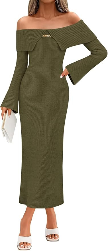 Saodimallsu Womens Off The Shoulder Maxi Sweater Dress Long Sleeve Bodycon Elegant Ribbed Knit Fa... | Amazon (US)