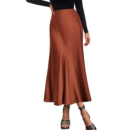 Bmisegm Women's Satin Skirts Casual Silk Midi Skirt High Waisted Long A Line Elegant Work Party Silk Brown Skirt L | Walmart (US)