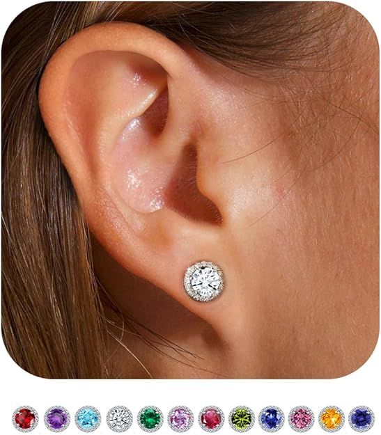 Stud Earrings for Women Girls - S925 Sterling Silver Post Birthstone Earrings Round Cut Stud Birt... | Amazon (US)