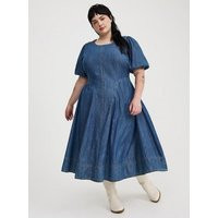 Puff-Sleeve Tea-Length Dress in Blue | Torrid (US & Canada)