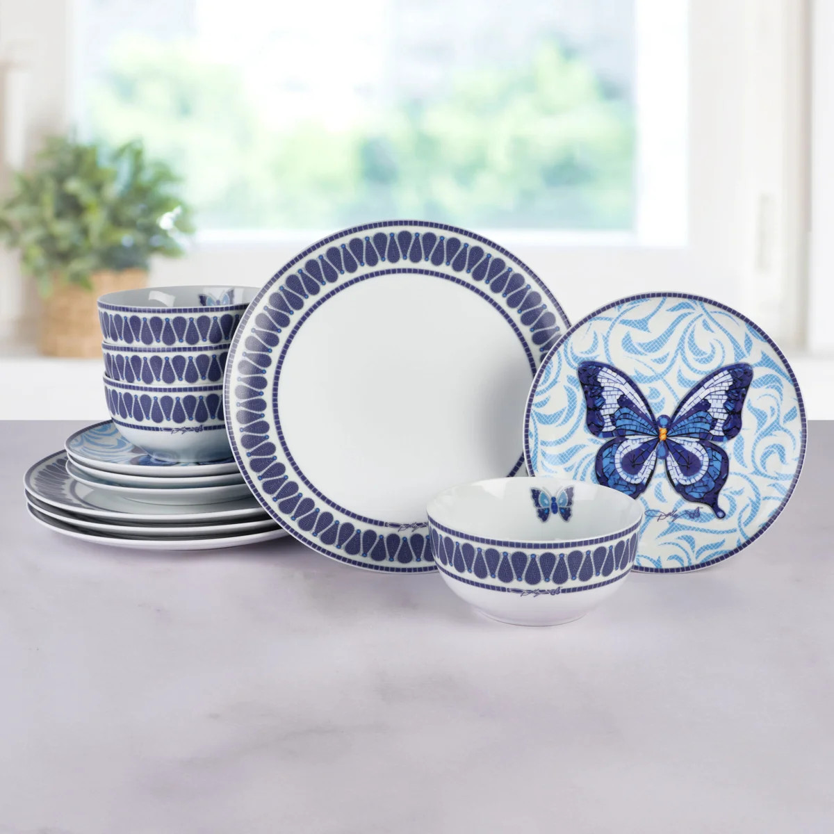 Dolly Parton Jeweled Mosaic Butterfly 12-Piece Dinnerware Set, Service For 4 | Wayfair North America