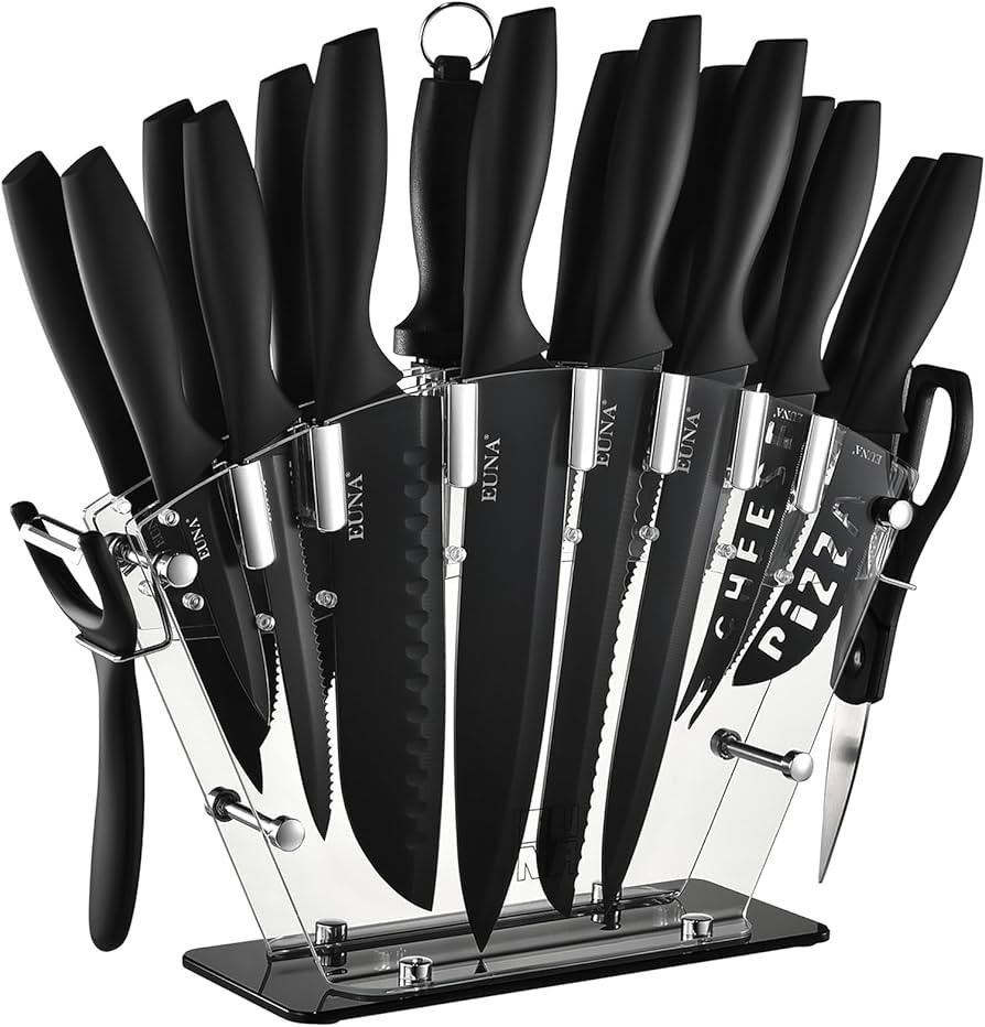 EUNA Kitchen Knife Set, 19 PCS Black Knife Set with Acrylic Block and Sharpener, German High-Carb... | Amazon (US)