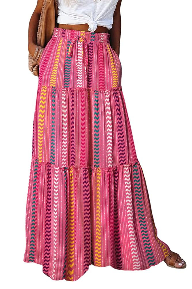 Happy Sailed Womens Floral Print Boho Maxi Skirt Elastic High Waist Pleated Ruffle Flowy Long Ski... | Amazon (US)