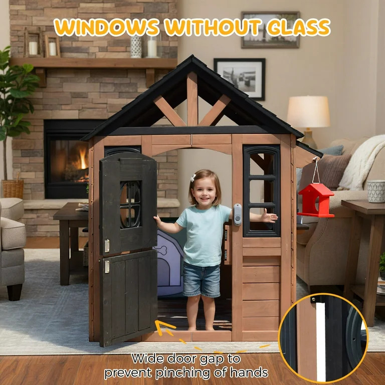 COCLUB Kids Outdoor Playhouse, Wooden Playhouse with Play Kitchen, Working Doorbell, Bird Cage, P... | Walmart (US)