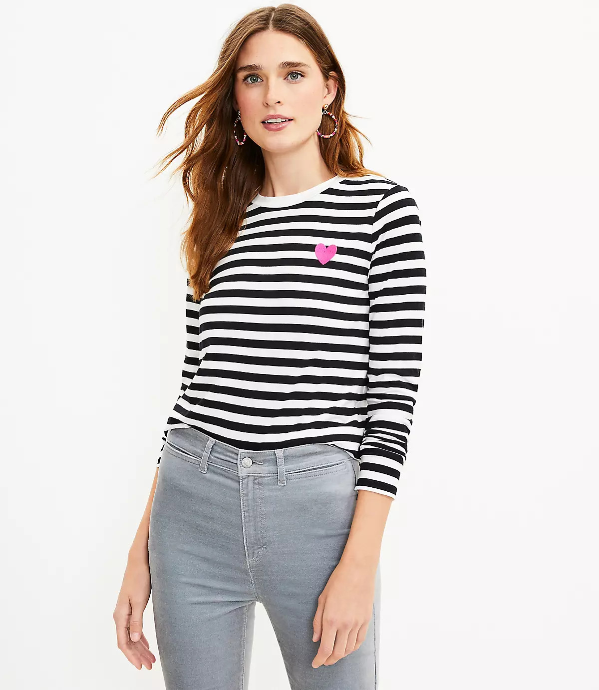 Heart Stripe Long Sleeve Everyday Crew Tee | LOFT