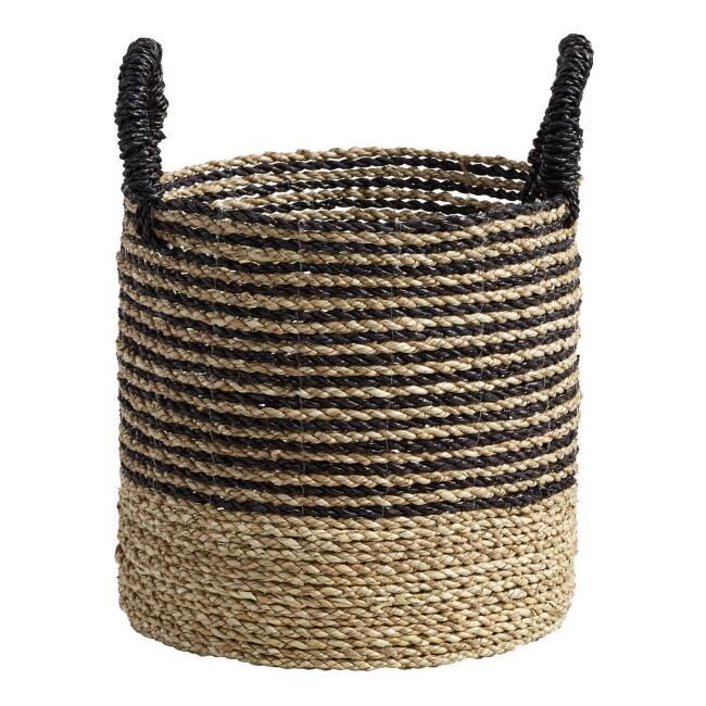 Small Black and Natural Seagrass Calista Tote Basket | World Market