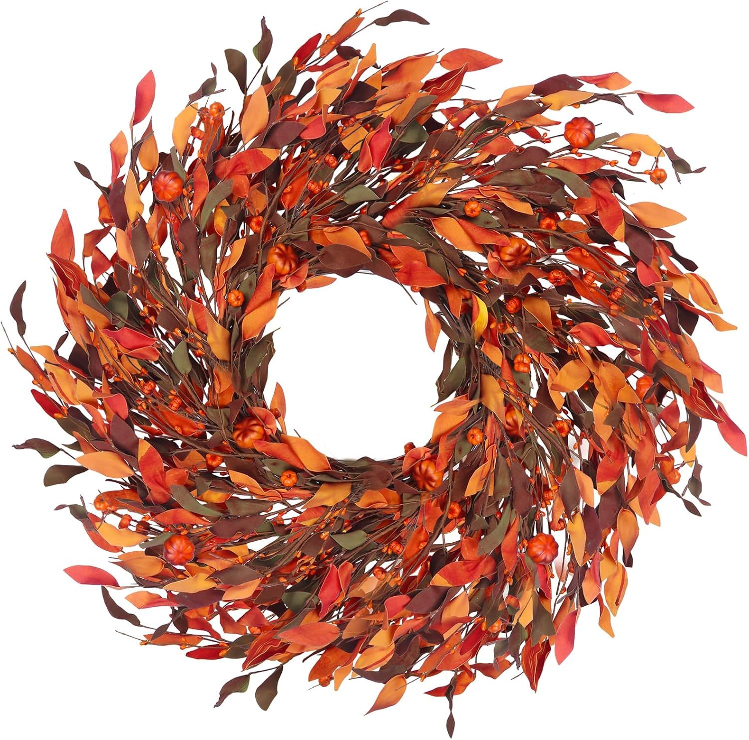 Kmise 25" Fall Wreaths for Front Door with Pumpkin & Fall Leaves - Thanksgiving Harvest Front Doo... | Amazon (US)