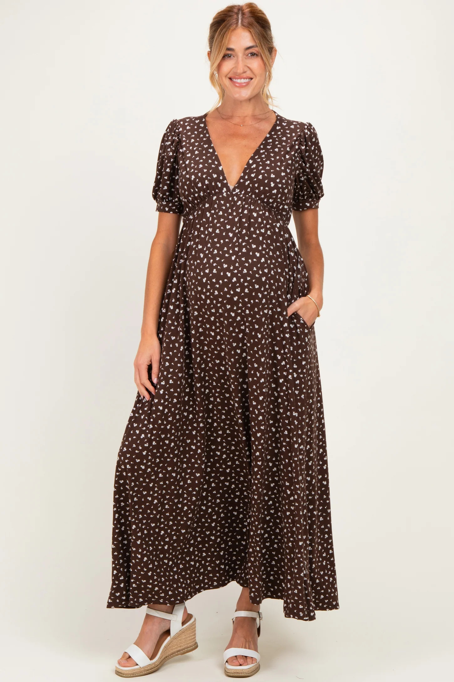 Brown Floral V-Neck Short Sleeve Maternity Maxi Dress | PinkBlush Maternity